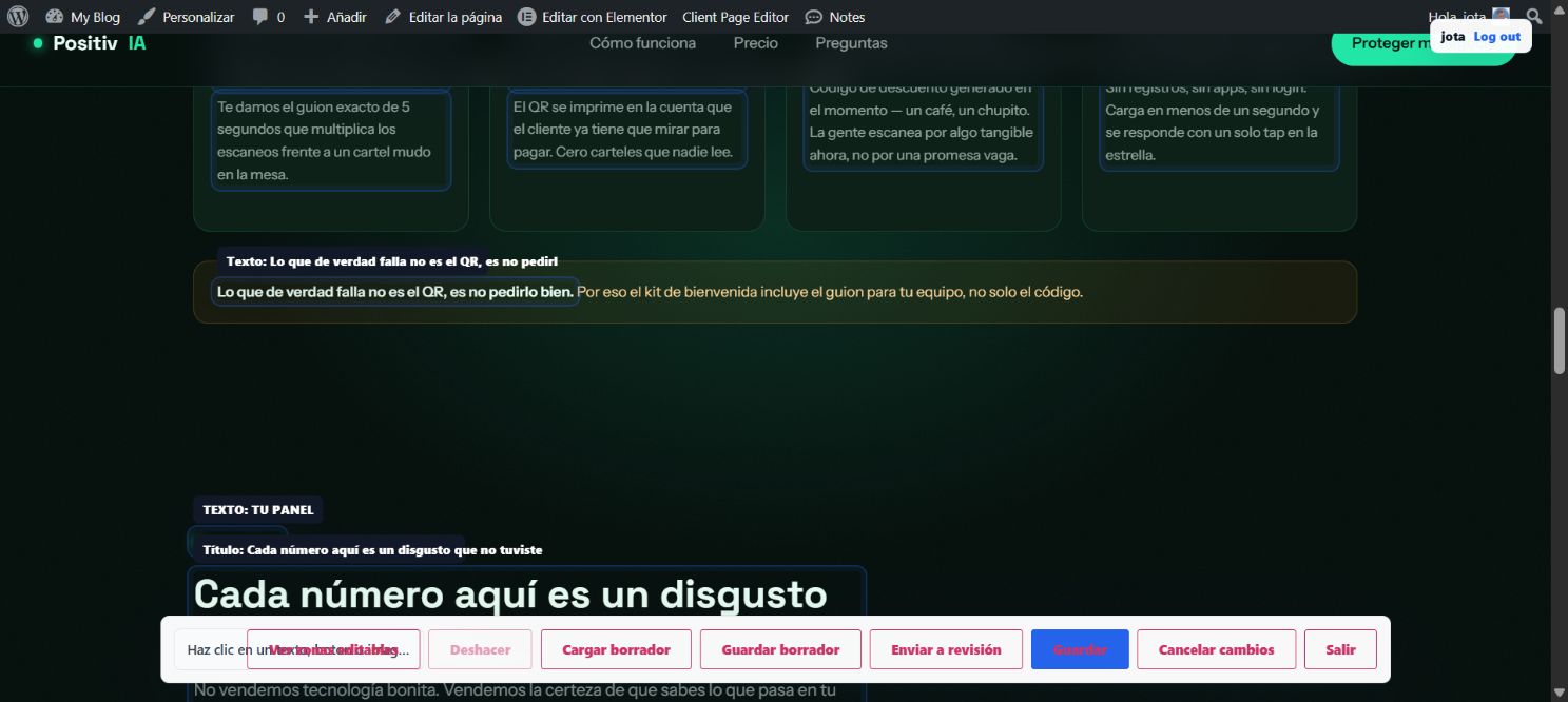 Página real con zonas editables y barra de acciones