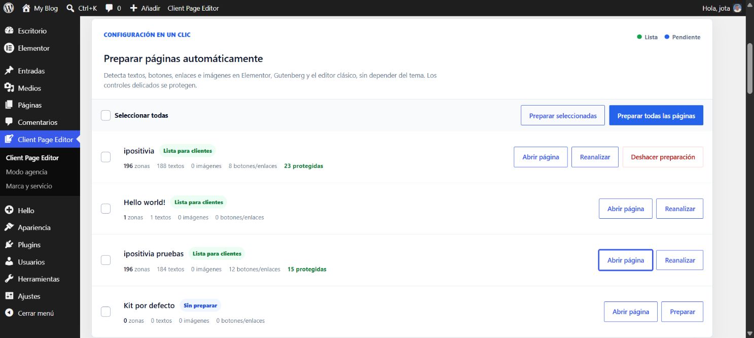 Panel real para preparar páginas automáticamente