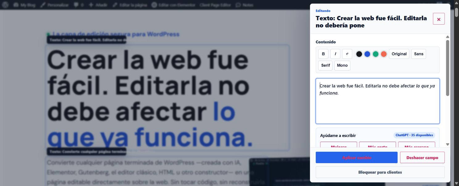 Panel real de Client Page Editor con opciones de IA para mejorar un texto