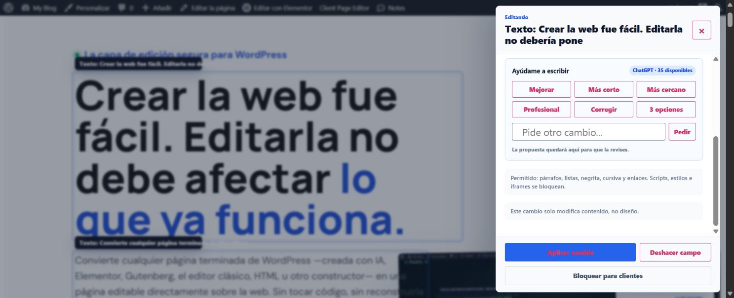 Panel real de texto con acciones de ChatGPT